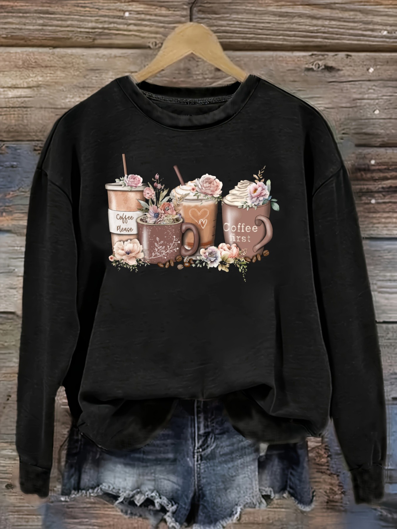 Coffee&Tea House Menu - Women's Casual Long Sleeve Crew Neck