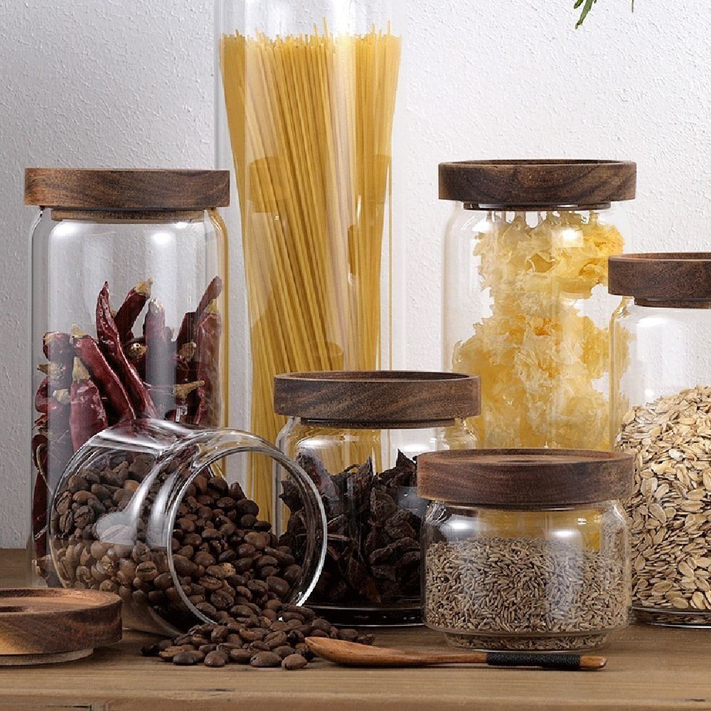 Multi-Use Wooden Lid Glass Foo - Coffee Tea And Sugar Canister Set 评论和价格