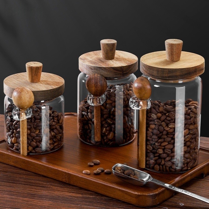 ABJI-Glass Jar With Wooden Lid - Coffee Tea And Sugar Canister Set 评论和价格