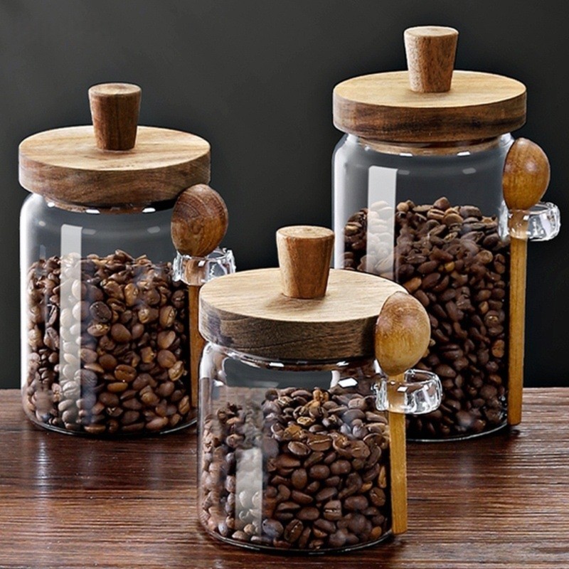 ABJI-Glass Jar With Wooden Lid - Coffee Tea And Sugar Canister Set 评论和价格