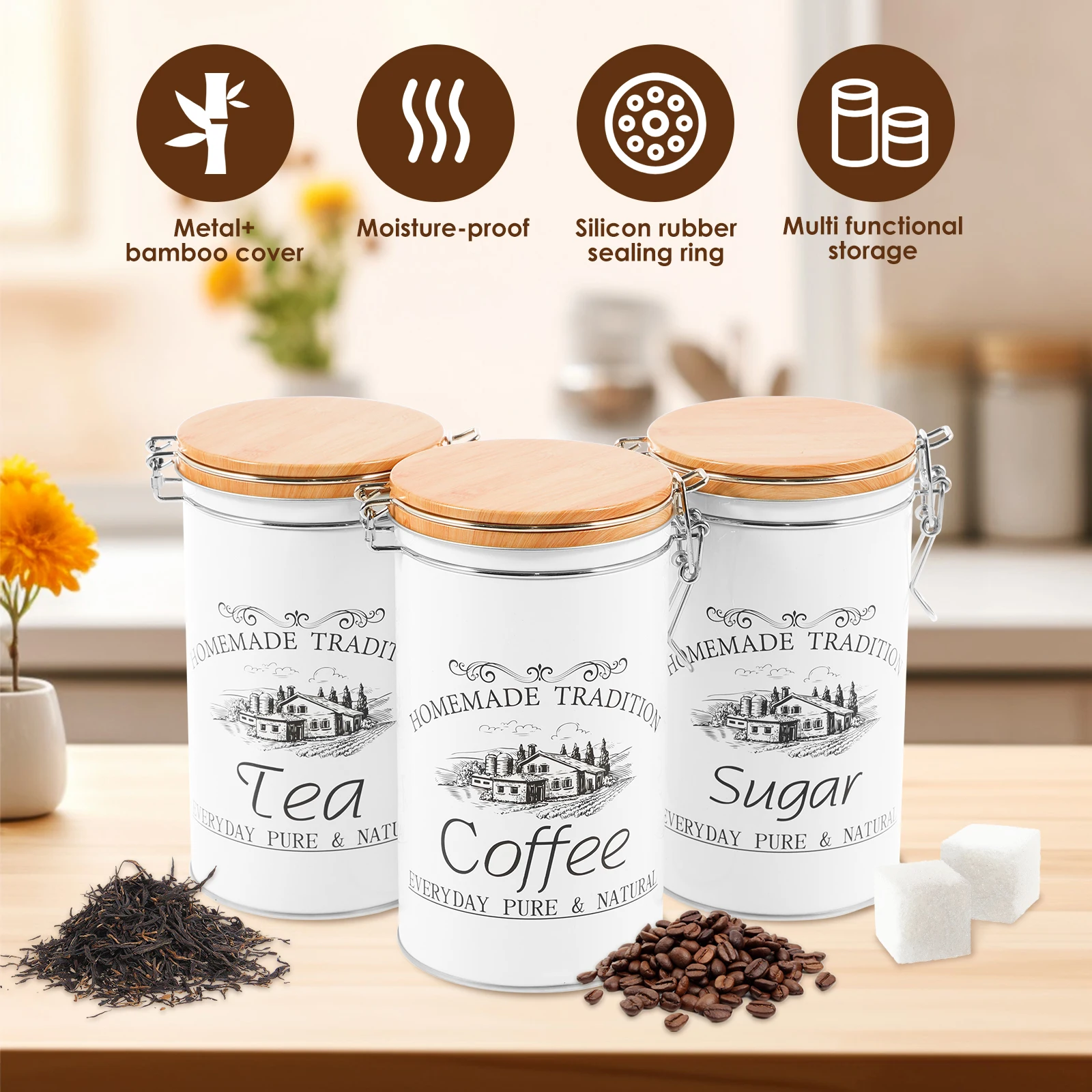 3Pcs/Set Tea Coffee Sugar Cani - Coffee Tea And Sugar Canister Set 评论和价格